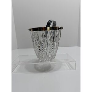 Cut Crystal Glass Silver Tone Ice Bucket with Tongs EUC
